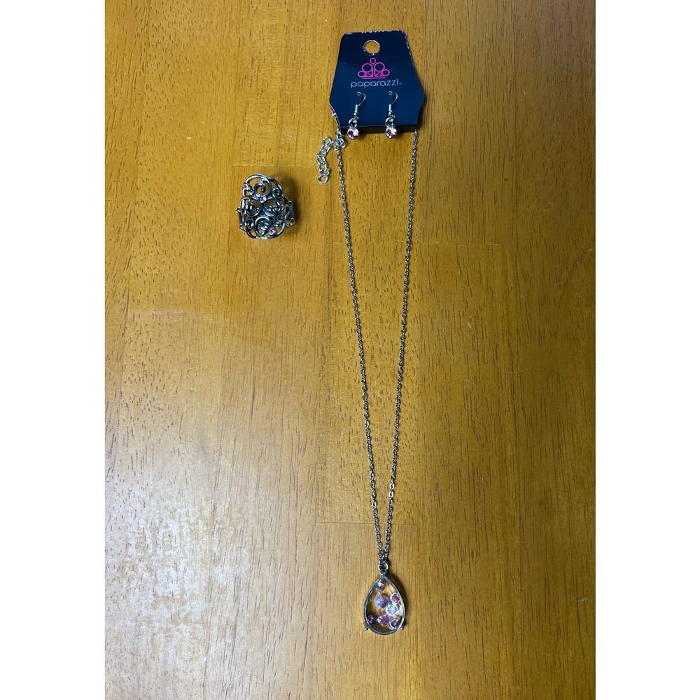 Paparazzi Silver and Pink necklace earring and rink set